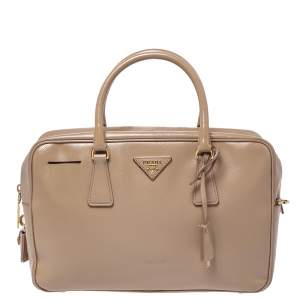 Pre Owned Prada Beige Saffiano Patent Leather Bauletto Bag