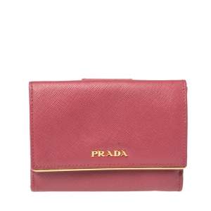 Pre Owned Prada Pink Saffiano Lux Leather Bar Flap French Wallet