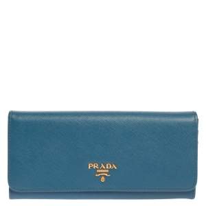 Pre Owned Prada Blue Saffiano Lux Leather Flap Continental Wallet