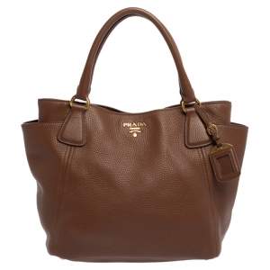 Pre Owned Prada Brown Vitello Daino Leather Side Pocket Tote