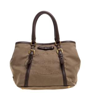 Pre Owned Prada Beige/Brown Jacquard Logo Canvas and Leather Bow Shoulder Bag