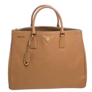 Pre Owned Prada Tan Saffiano Lux Leather Executive Double Zip Tote