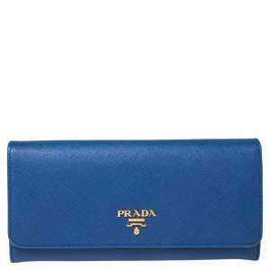 Pre Owned Prada Blue Saffiano Lux Leather Flap Continental Wallet