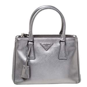 Pre Owned Prada Metallic Silver Saffiano Lux Leather Mini Double Zip Tote