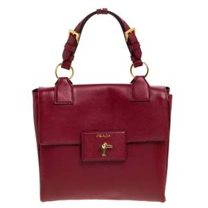 Pre Owned Prada Red Saffiano Lux Leather Spazzolato Gusset Top Handle Bag