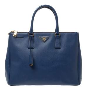 Pre Owned Prada Blue Saffiano Lux Leather Large Double Zip Tote