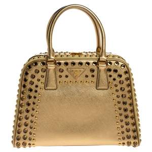 Pre Owned Prada Gold Saffiano Lux Leather Studded Pyramid Frame Satchel