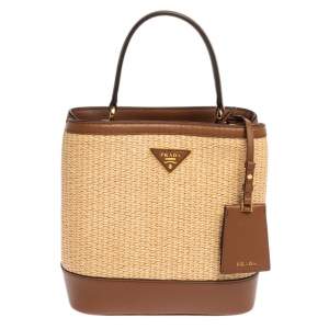 Pre Owned Prada Brown/Beige Raffia and Leather Medium Panier Top Handle Bag