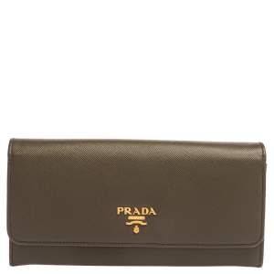 Pre Owned Prada Olive Green Saffiano Lux Leather Flap Continental Wallet