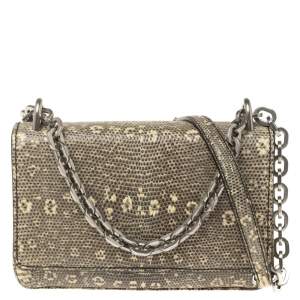 Pre Owned Prada Grey/Green Lucertola Lizard Flap Chain Shoulder Bag