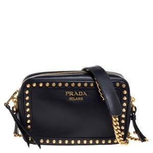Pre Owned Prada Black Leather Studded Camera Crossbody Bag