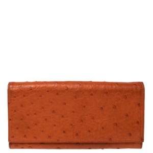 Pre Owned Prada Orange Ostrich Flap Continental Wallet