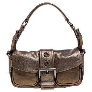 مملوكة مسبقًا Prada Gold Leather Buckle Flap Shoulder Bag