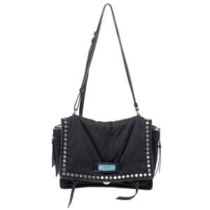 Pre Owned Prada Black Nylon and Leather Etiquette Studded Flap Shoulder Bag