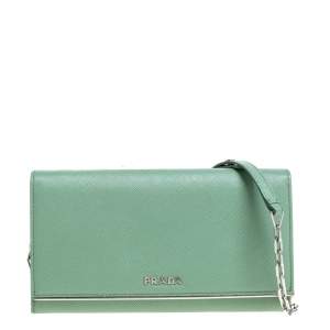 Prada Mint Green Saffiano Leather Wallet On Chain
