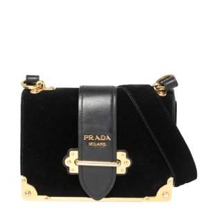 Pre Owned Prada Black Velvet and Leather Cahier Shoulder Bag