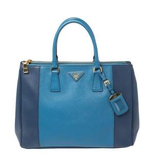 Pre Owned Prada Two Tone Blue Saffiano Lux Leather Large Double Zip Tote        