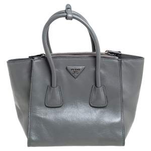 Pre Owned Prada Grey Glace Leather Twin Pocket Tote