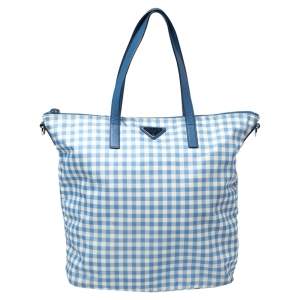 Pre Owned Prada Blue Gingham Print Nylon Tote