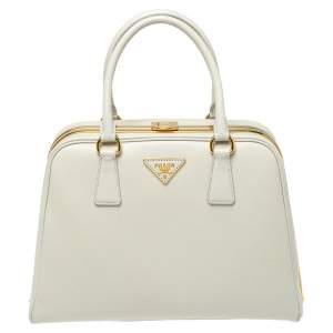 Pre Owned Prada Off White Saffiano Lux Leather Pyramid Frame Satchel