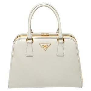 Prada Off White Saffiano Lux Leather Pyramid Frame Satchel