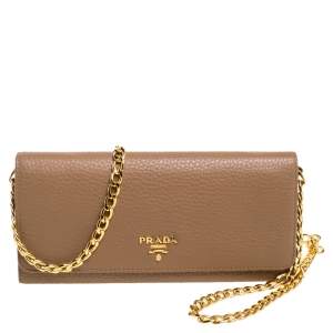 Pre Owned Prada Beige Leather Flap Wallet On Chain