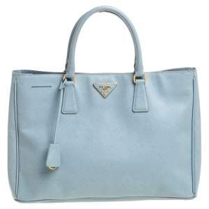 Pre Owned Prada Light Blue Saffiano  Leather Open Galleria Tote