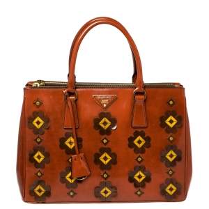 Pre Owned Prada Dark Orange Floral Applique Leather Medium Double Zip Tote