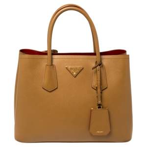 Pre Owned Prada Tan Saffiano Cuir Leather Medium Double Handle Tote