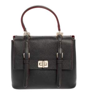 Pre Owned Prada Black Saffiano Lux Leather Turn Lock Top Handle Bag