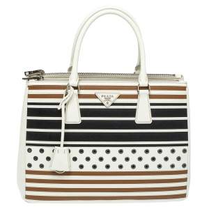Pre Owned Prada Tricolor Striped and Rivet Detail Saffiano Lux Leather Medium Double Zip Tote