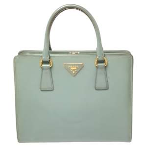Pre Owned Prada Dusty Blue Saffiano Vernice Leather Frame Tote