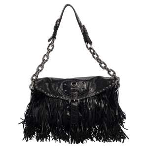Pre Owned Prada Black Leather Fringe Shoulder Bag