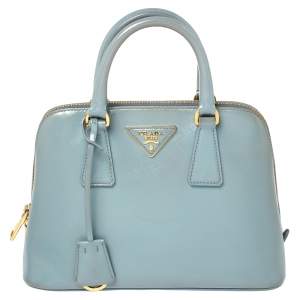 Prada Blue Saffiano Vernice Leather Small Promenade Satchel