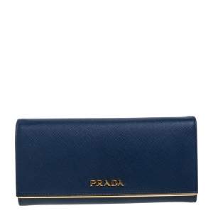 Pre Owned Prada Blue Saffiano Lux Leather Continental Flap Wallet