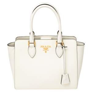 Pre Owned Prada White Saffiano and Soft Leather Borsa a Mano Tote