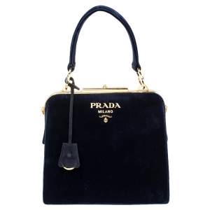 Pre Owned Prada Navy Blue Velvet Frame Top Handle Bag