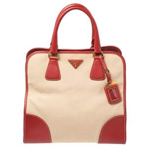 مملوكة مسبقًا Prada Beige/Red Canvas and Leather Canapa Tote