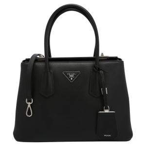 Pre Owned Prada Black Leather Saffiano Galleria Double Flap Tote Bag