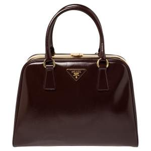 Pre Owned Prada Burgundy Saffiano Vernice Leather Pyramid Frame Satchel 