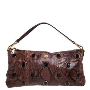 Pre Owned Prada Brown Python Jewel Embellished Shoulder Bag