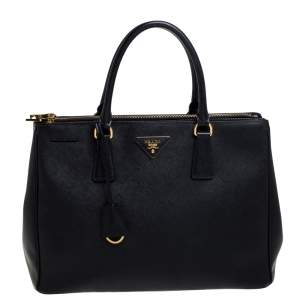 Pre Owned Prada Black Saffiano Lux Leather Medium Double Zip Tote