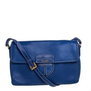 Pre Owned Prada Blue Leather Flap Shoulder Bag