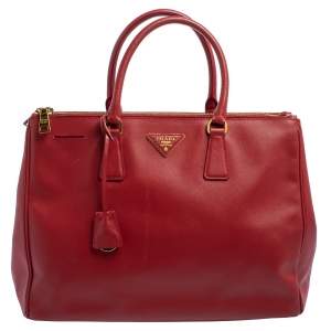 Pre Owned Prada Red Saffiano Lux Leather Large Double Zip Tote