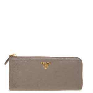 Pre Owned Prada Taupe Leather Zip Around Wallet