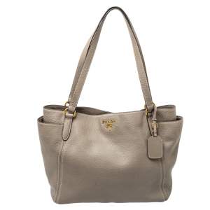 Pre Owned Prada Taupe Vitello Daino Leather Manici Shopper Tote