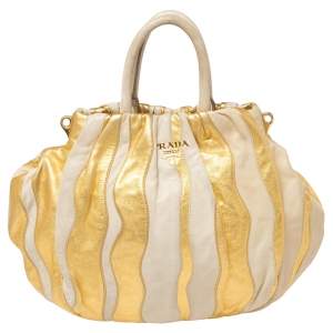 Pre Owned Prada Gold/Beige Stripe Leather Hobo