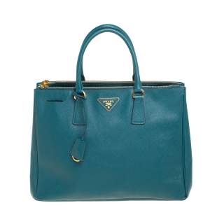 Pre Owned Prada Green Saffiano Lux Leather Medium Double Zip Tote