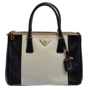 Pre Owned Prada Black/White Saffiano Lux Leather Medium Galleria Tote