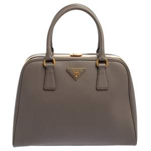 Pre Owned Prada Grey Saffiano Lux Leather Pyramid Frame Satchel